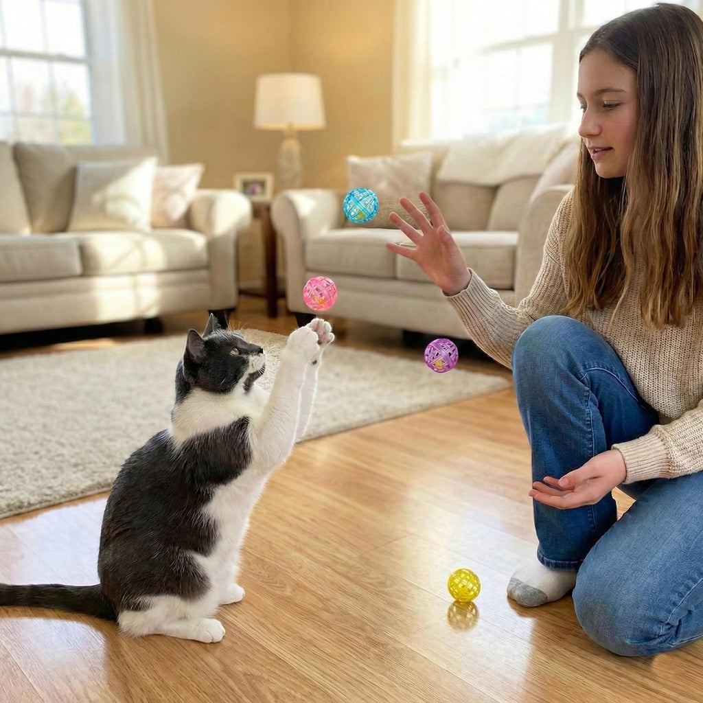 Four colorful Spot plastic cat toy balls with built-in bells inside