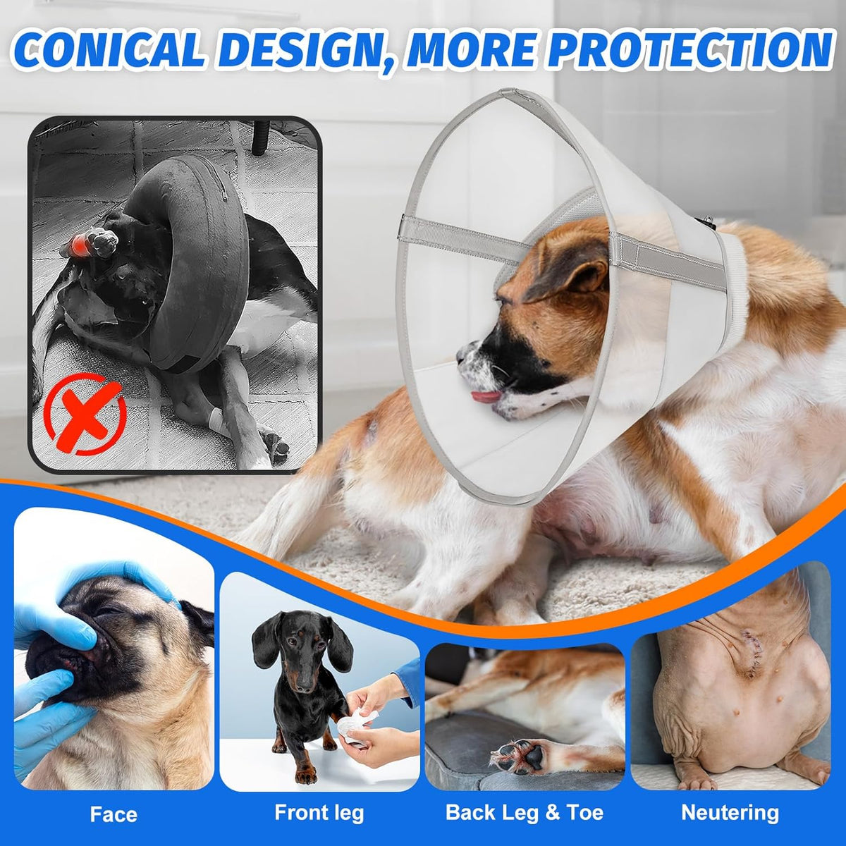 Joypig pet recovery cone showing the innovative removable support stays for easy feeding