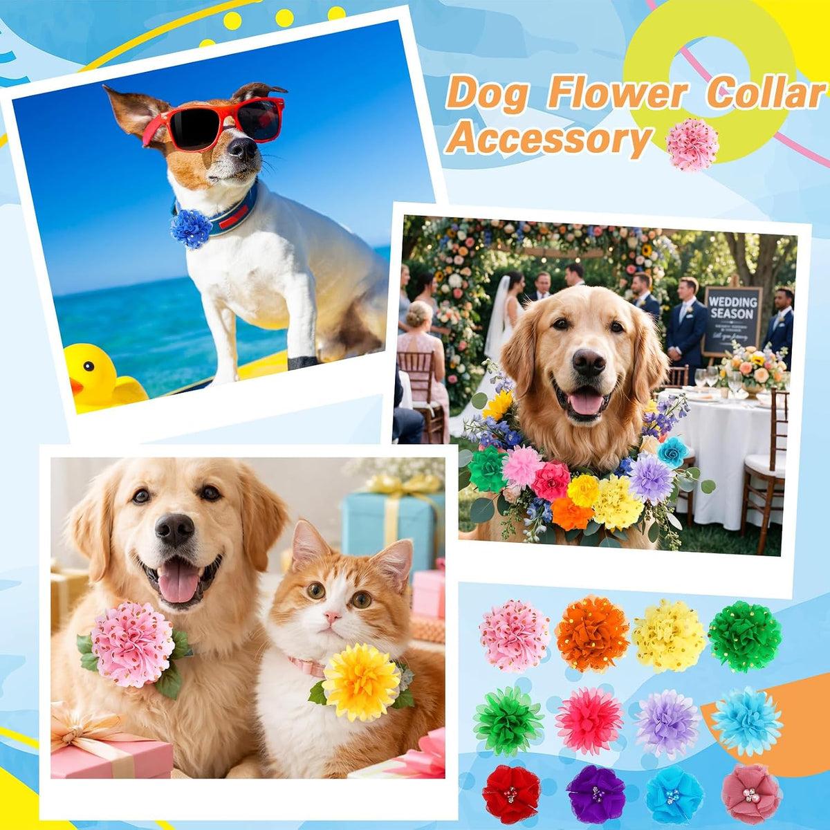 Sadnyy multi color flower accessories showcasing six different floral designs for puppy grooming.