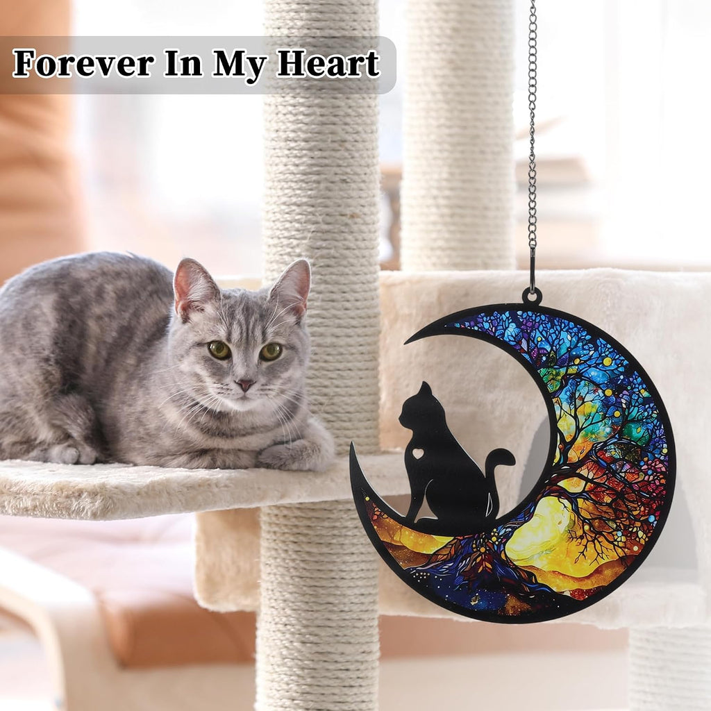 Stained glass style acrylic suncatcher with cat silhouette and crescent moon detail