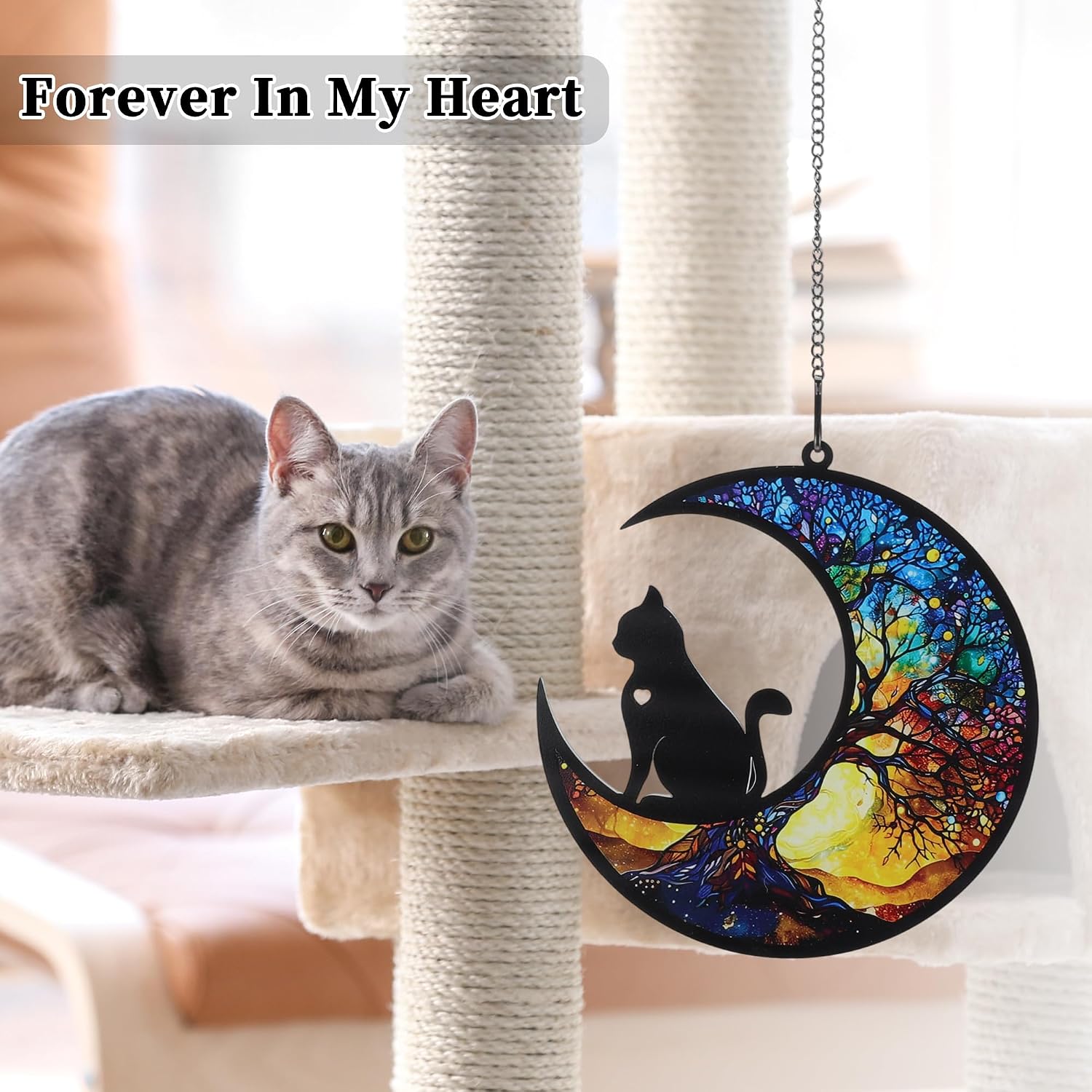 Stained glass style acrylic suncatcher with cat silhouette and crescent moon detail