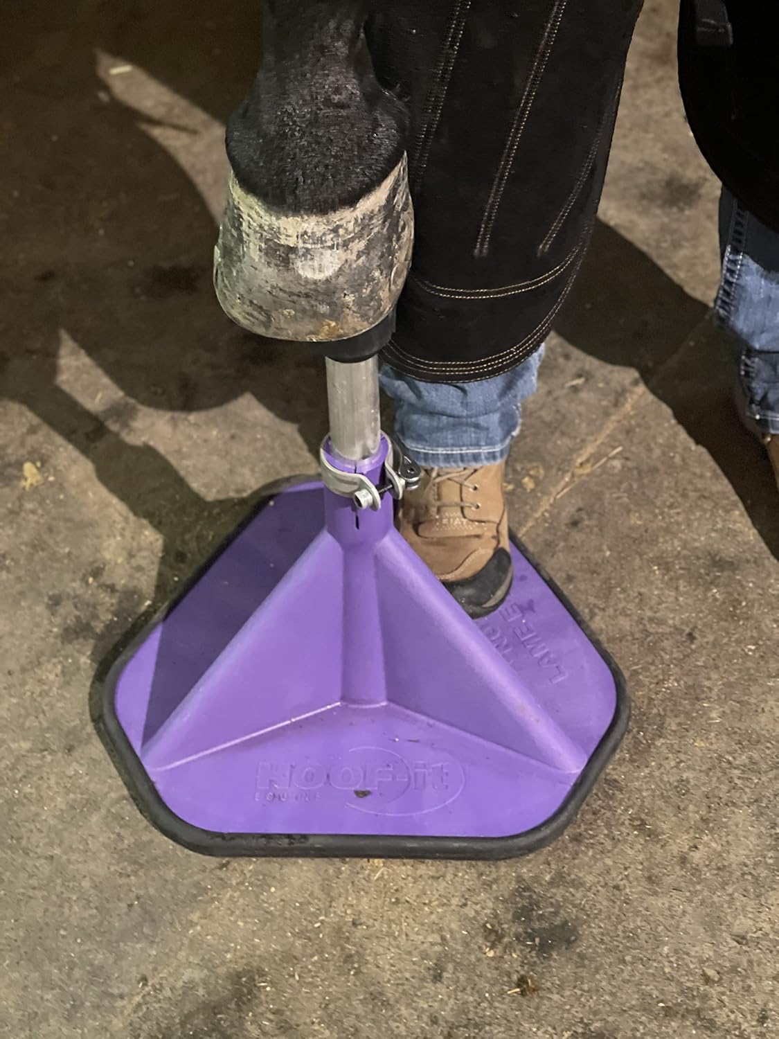 HOOF-IT purple horse hoof stand showcasing adjustable height mechanism