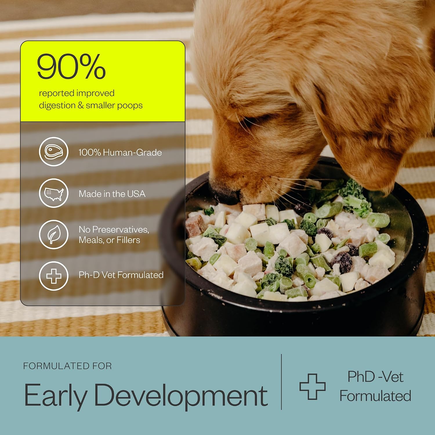 Close up of Maev puppy food packaging details