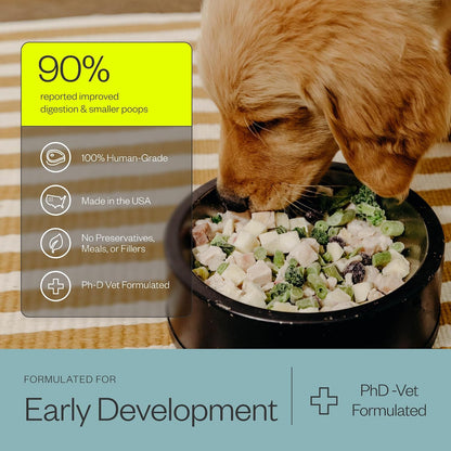 Close up of Maev puppy food packaging details