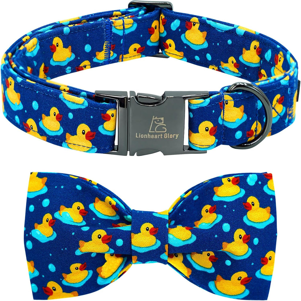 Lionheart Glory dog collar with yellow ducky pattern and bow tie front view