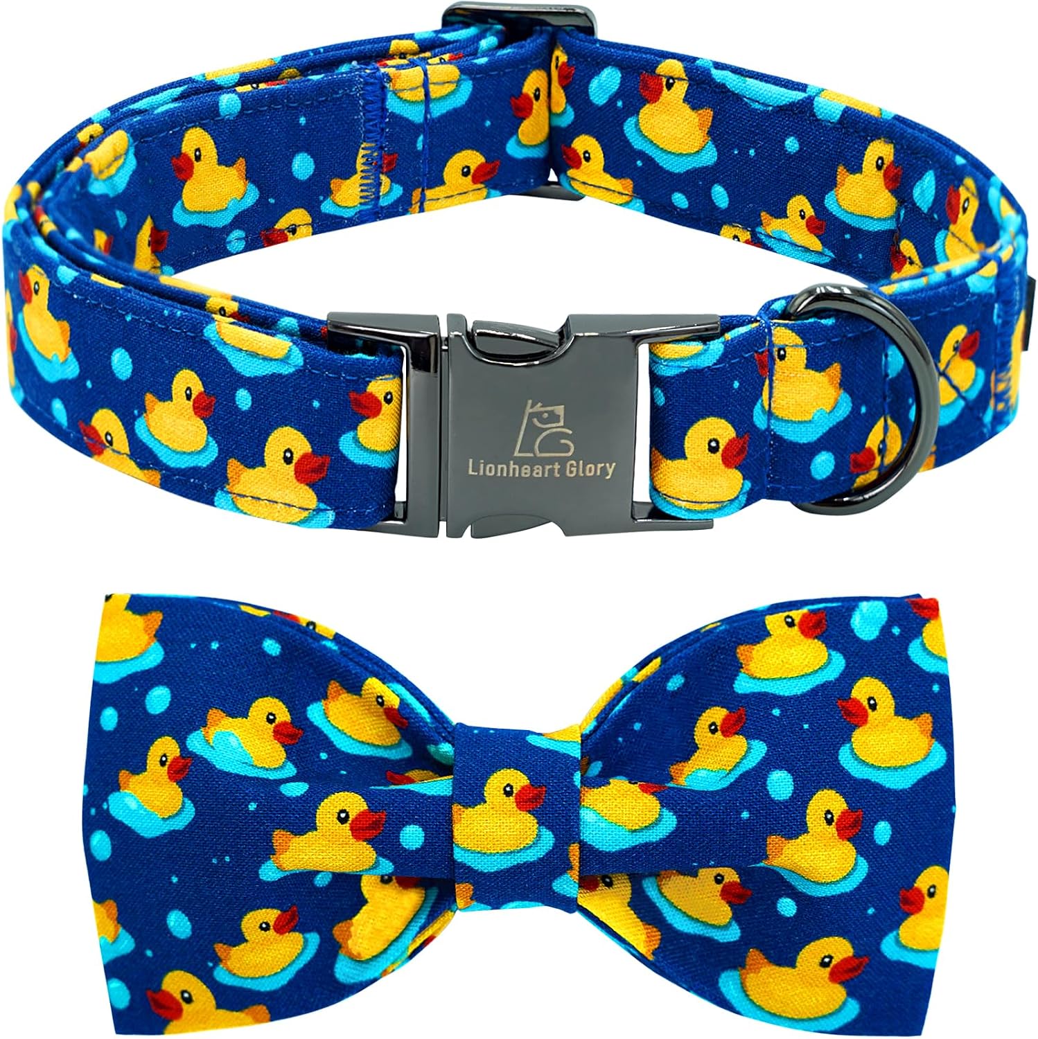 Lionheart Glory dog collar with yellow ducky pattern and bow tie front view