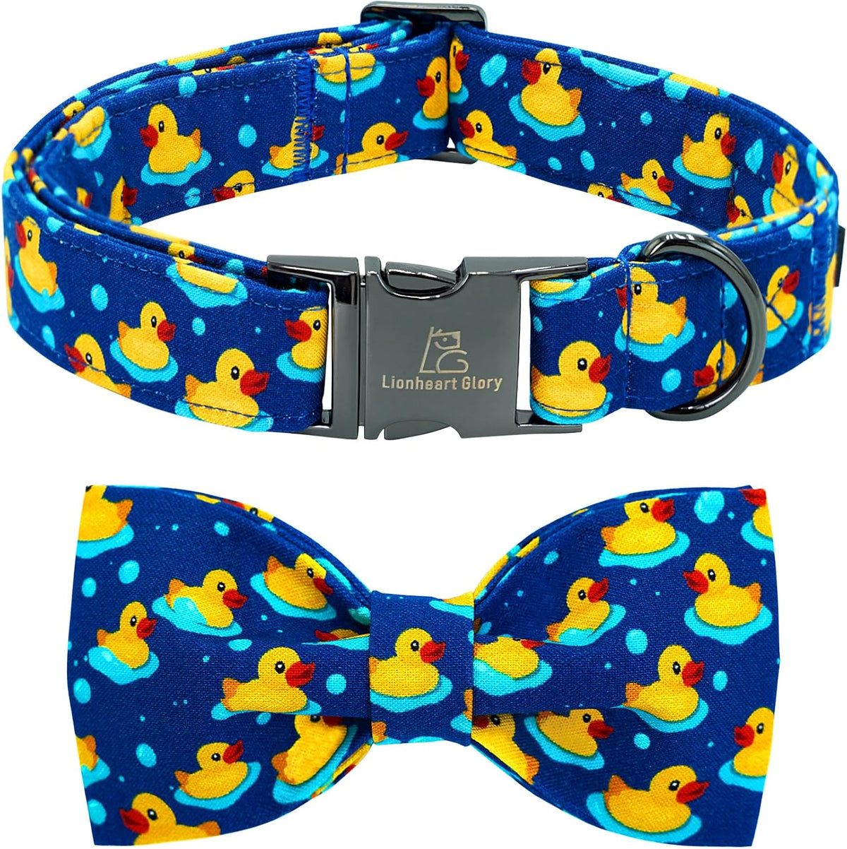 Lionheart Glory dog collar with yellow ducky pattern and bow tie front view