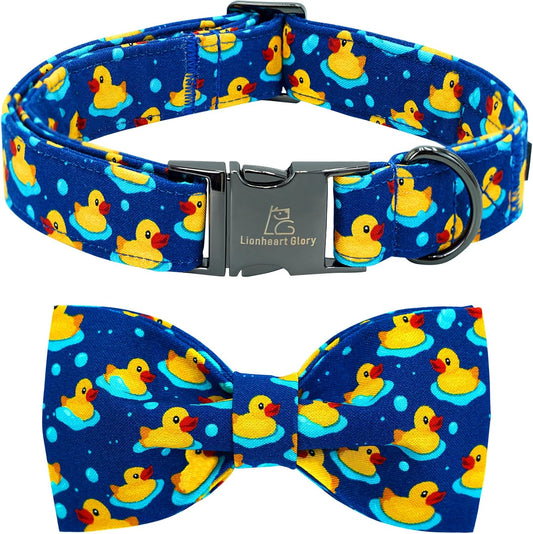 Lionheart Glory dog collar with yellow ducky pattern and bow tie front view