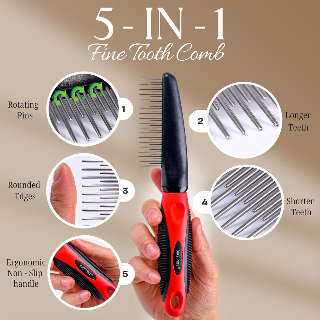 Cat comb for shedding and deshedding showing the lightweight design for small breeds.