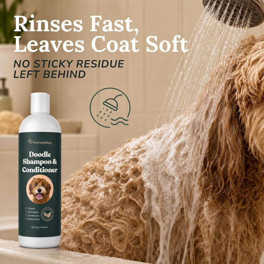 Freshly Bailey USA made dog shampoo for goldendoodles and poodles lifestyle view