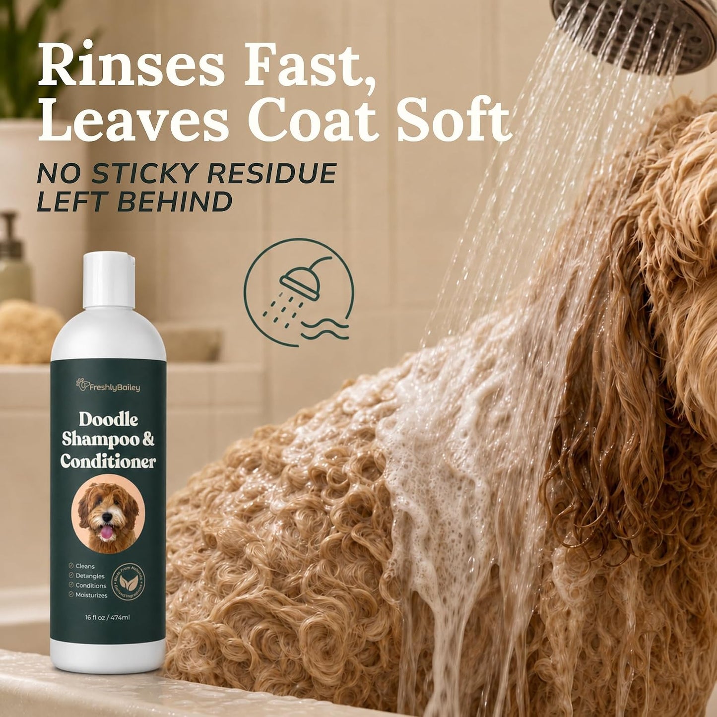 Freshly Bailey USA made dog shampoo for goldendoodles and poodles lifestyle view