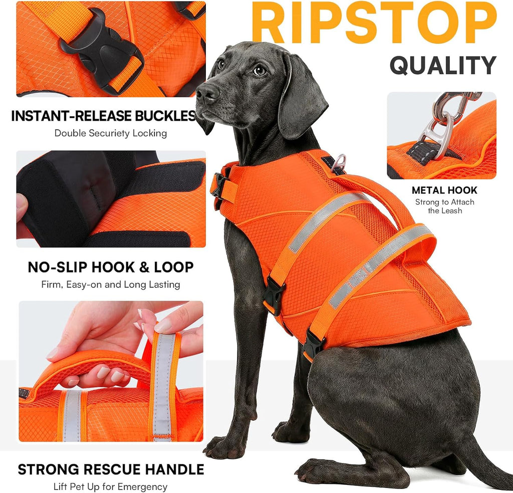 Queenmore small puppy life jacket top view highlighting the reinforced rescue handle