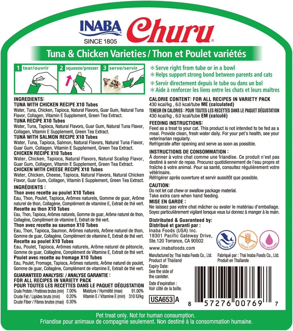 INABA Churu Cat Treats, Lickable, Squeezable Creamy Pure Cat Treat with Green Tea Extract & Taurine, 0.5 Ounces Each Tube, 50 Tubes, Tuna & Chicken Variety - Image 9