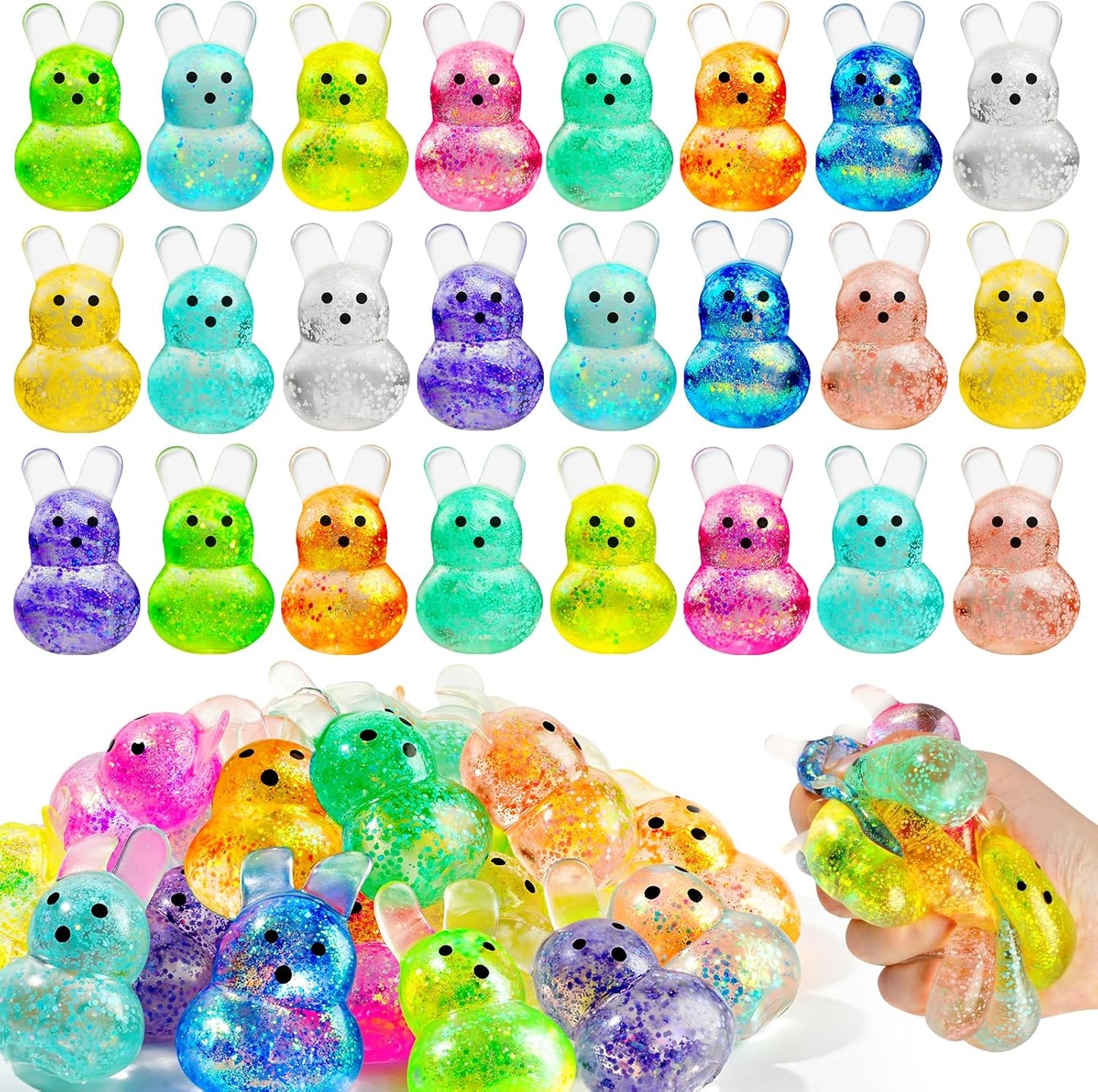 UDZRL 24 pack Easter bunny stress balls front view showcasing assorted vibrant colors with glitter fill.