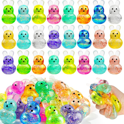 UDZRL 24 pack Easter bunny stress balls front view showcasing assorted vibrant colors with glitter fill.