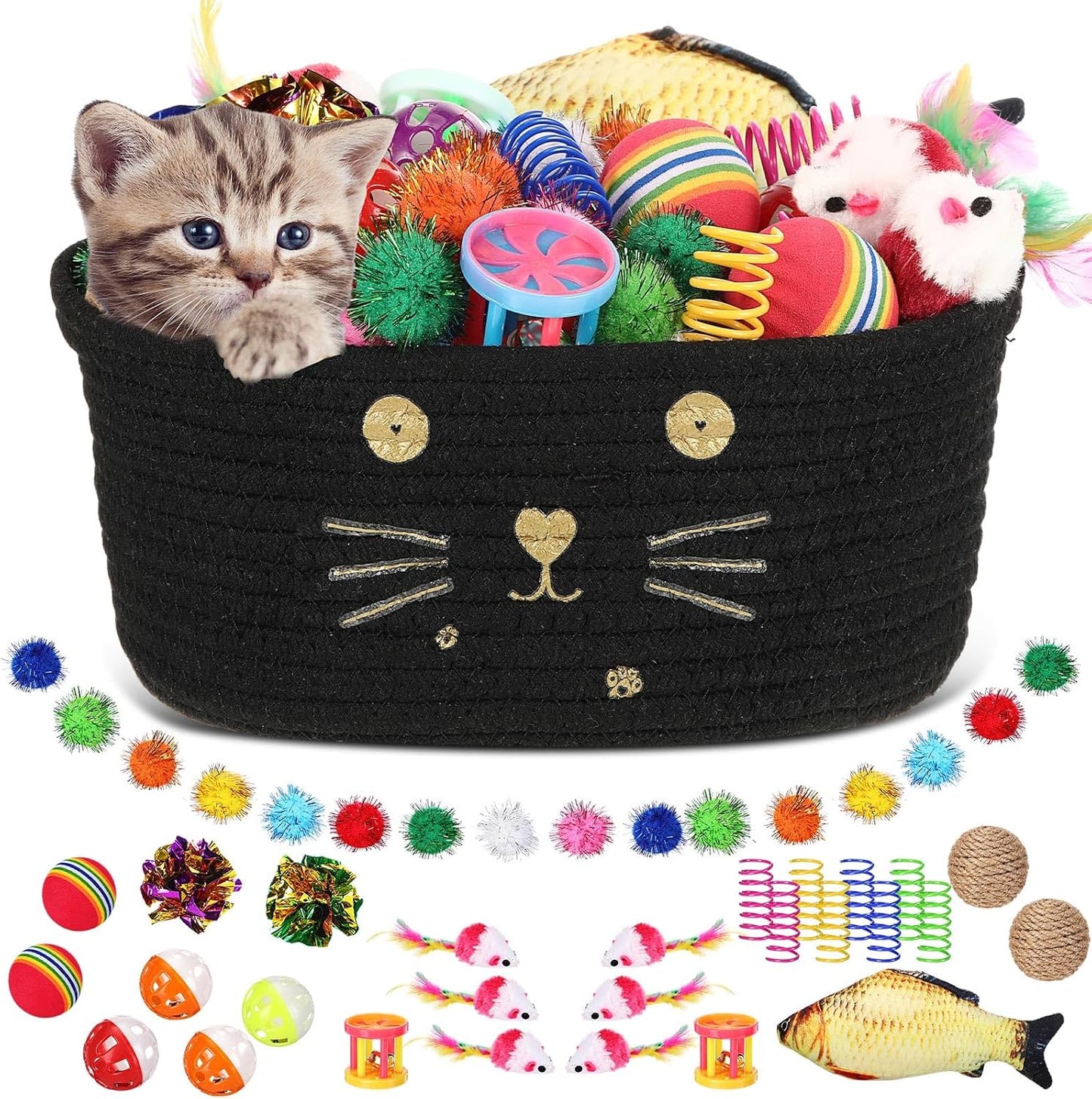 Zopeal 58 Pcs Summer Cat Storage Basket Gift Toys Set, Colorful Flashing Balls Pet Bell Crinkle Balls Spring Toys Attract Cat to Swat, Hunt, Interactive for Pet(Grey,9.8 Inch) - Image 10
