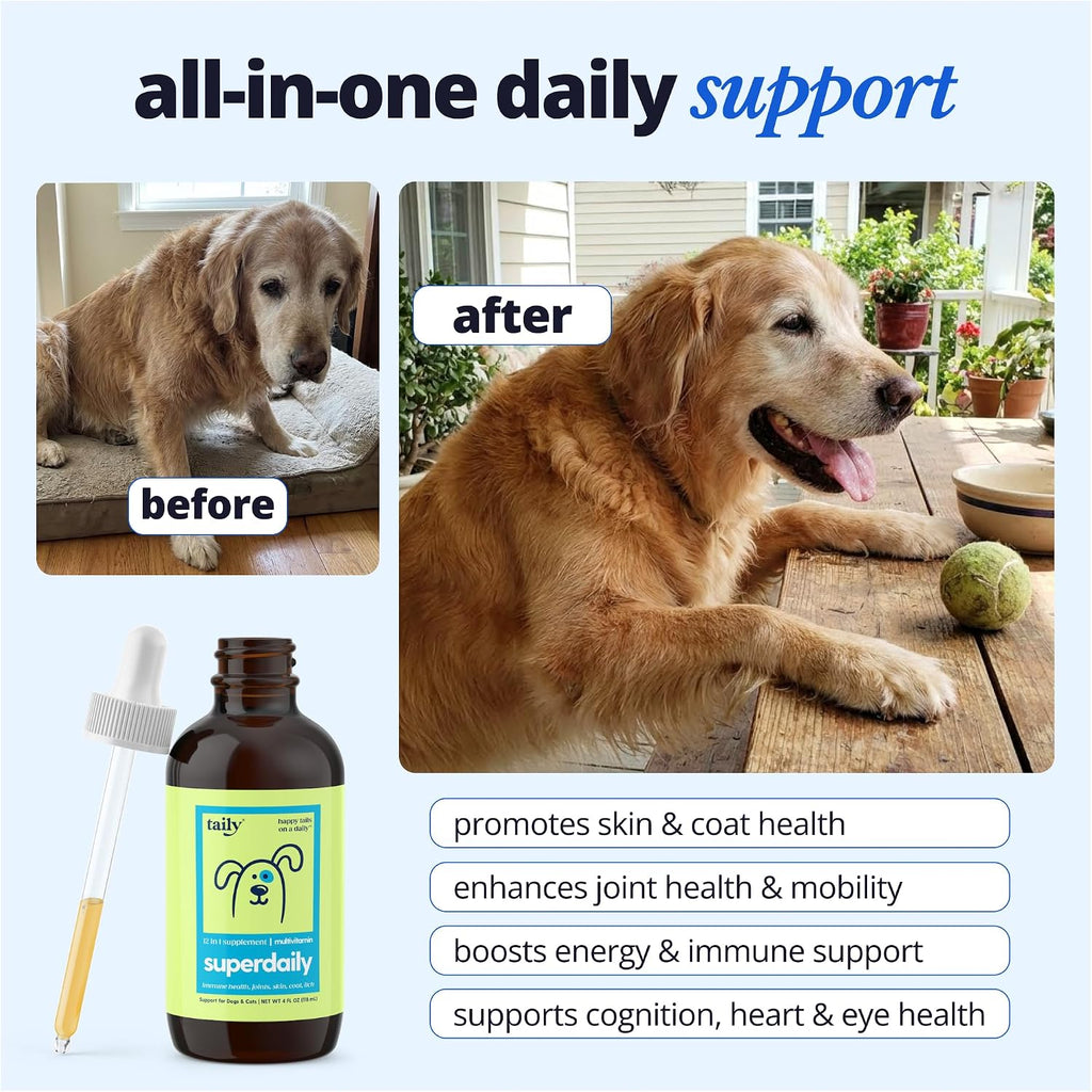 Taily pet multivitamin with liquid collagen and glucosamine dropper packaging