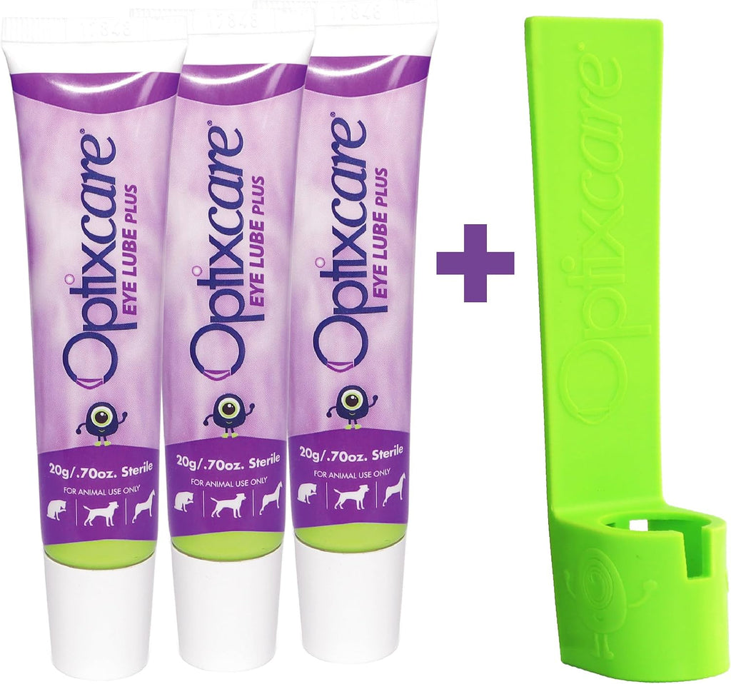 Close up view of the Optixcare advanced dual polymer ophthalmic gel packaging highlighting the veterinary formulation