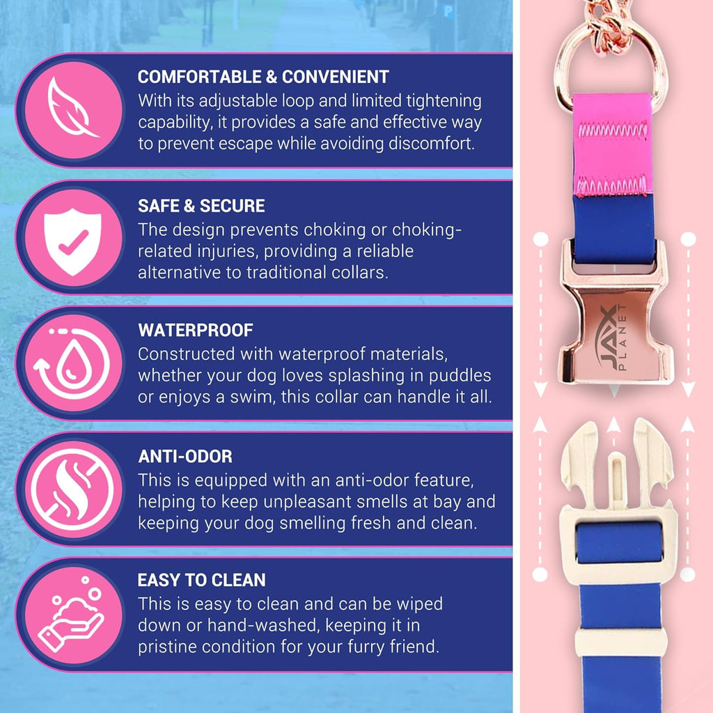 Premium PVC coated odor resistant dog collar in blue and rose color being adjusted via the quick release metal buckle