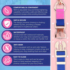 Premium PVC coated odor resistant dog collar in blue and rose color being adjusted via the quick release metal buckle