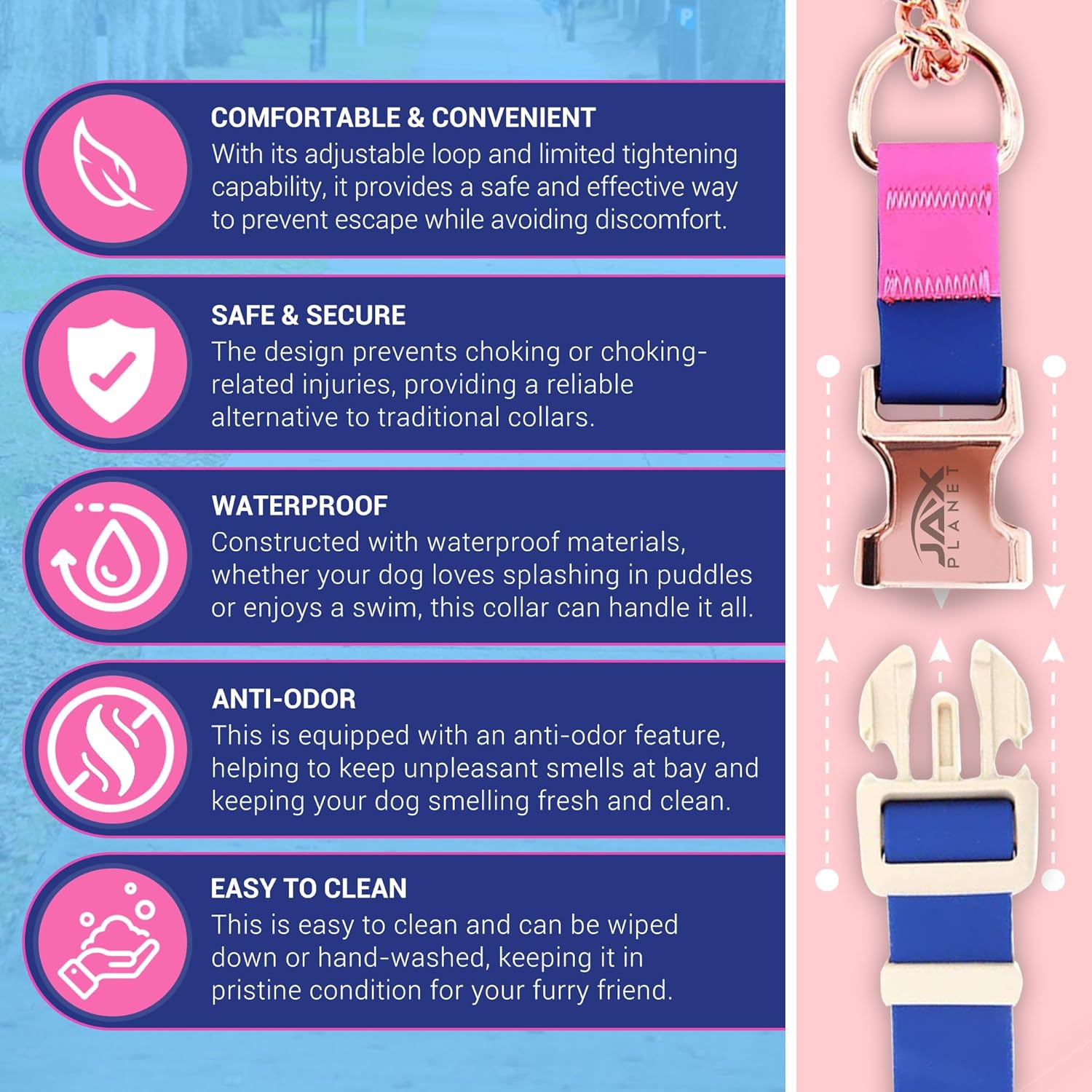 Premium PVC coated odor resistant dog collar in blue and rose color being adjusted via the quick release metal buckle