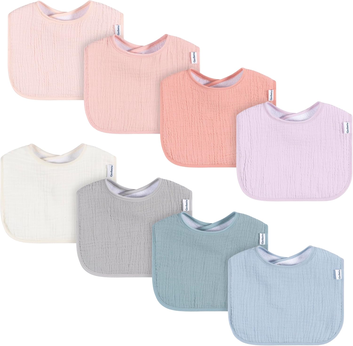 Gerber unisex baby muslin 8 pack drooling bibs front view