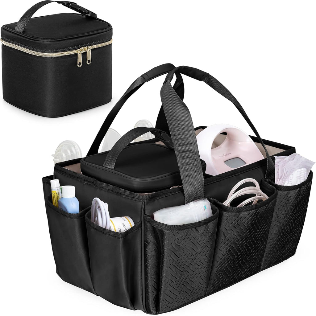 Fasrom breast pump caddy organizer bag in premium black polyester front view showcasing structured design