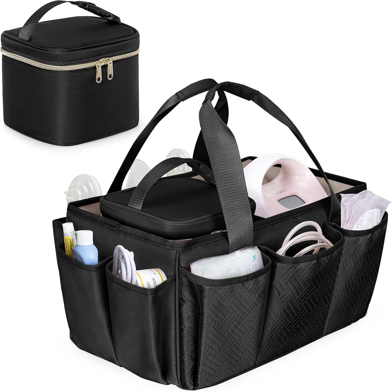 Fasrom breast pump caddy organizer bag in premium black polyester front view showcasing structured design
