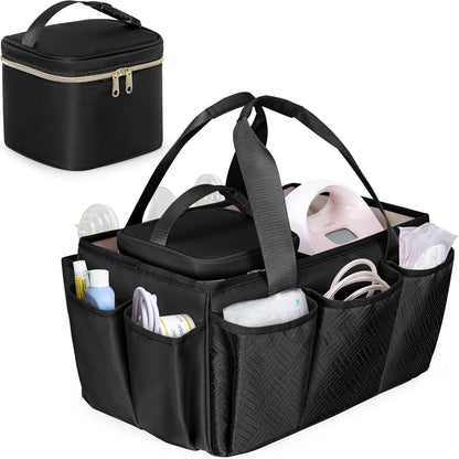 Fasrom breast pump caddy organizer bag in premium black polyester front view showcasing structured design