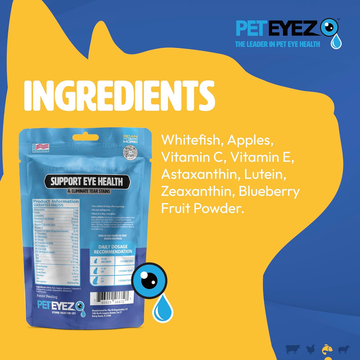 PetEyez feline vision supplement pouch showing tear stain removal benefits.