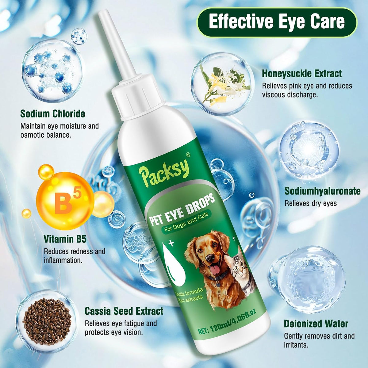 Safe pet eye drops for dogs and cats experiencing itching or irritation.
