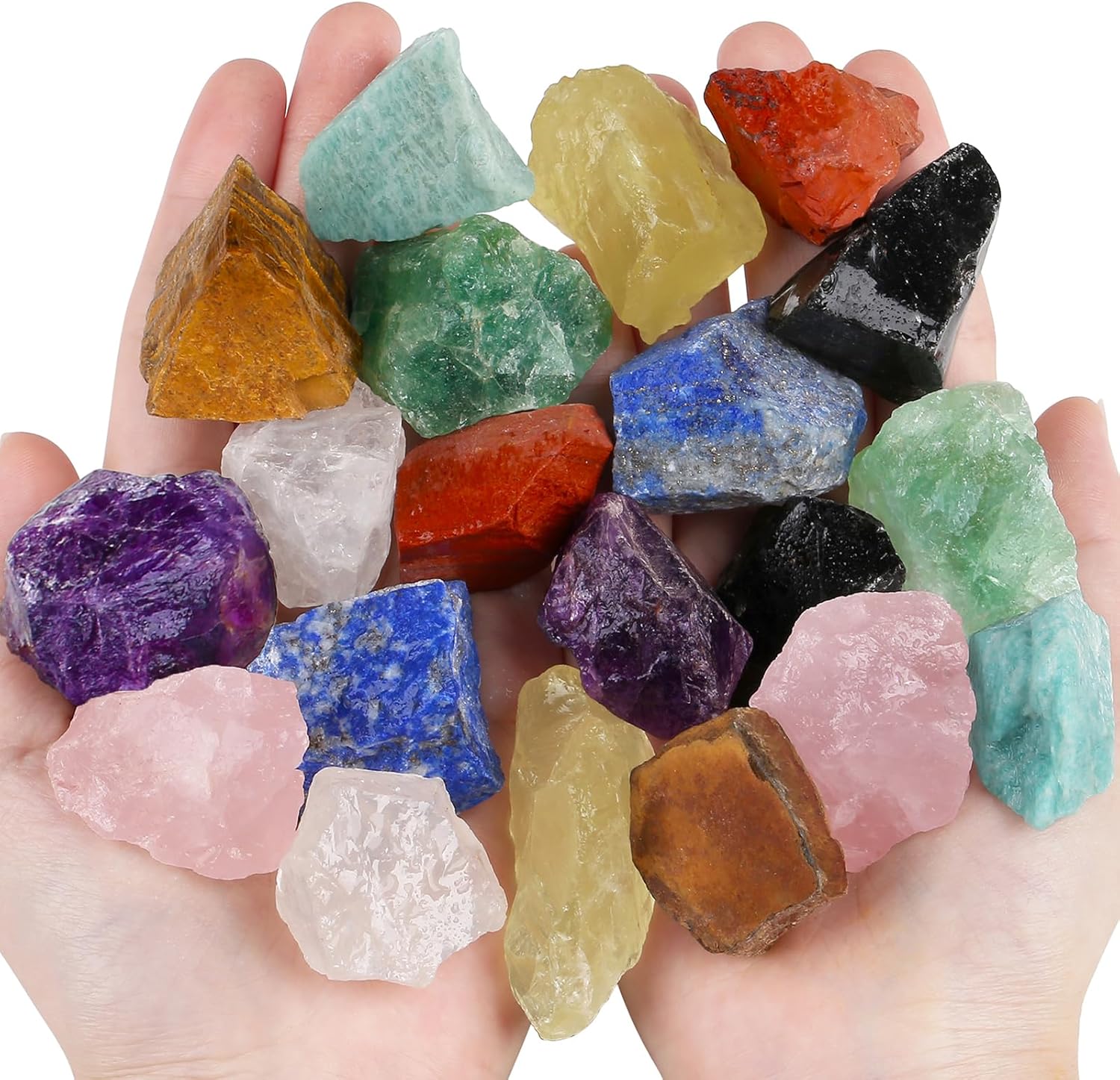 QINJIEJIE Assorted Raw Crystals front view of ten colored healing stones.