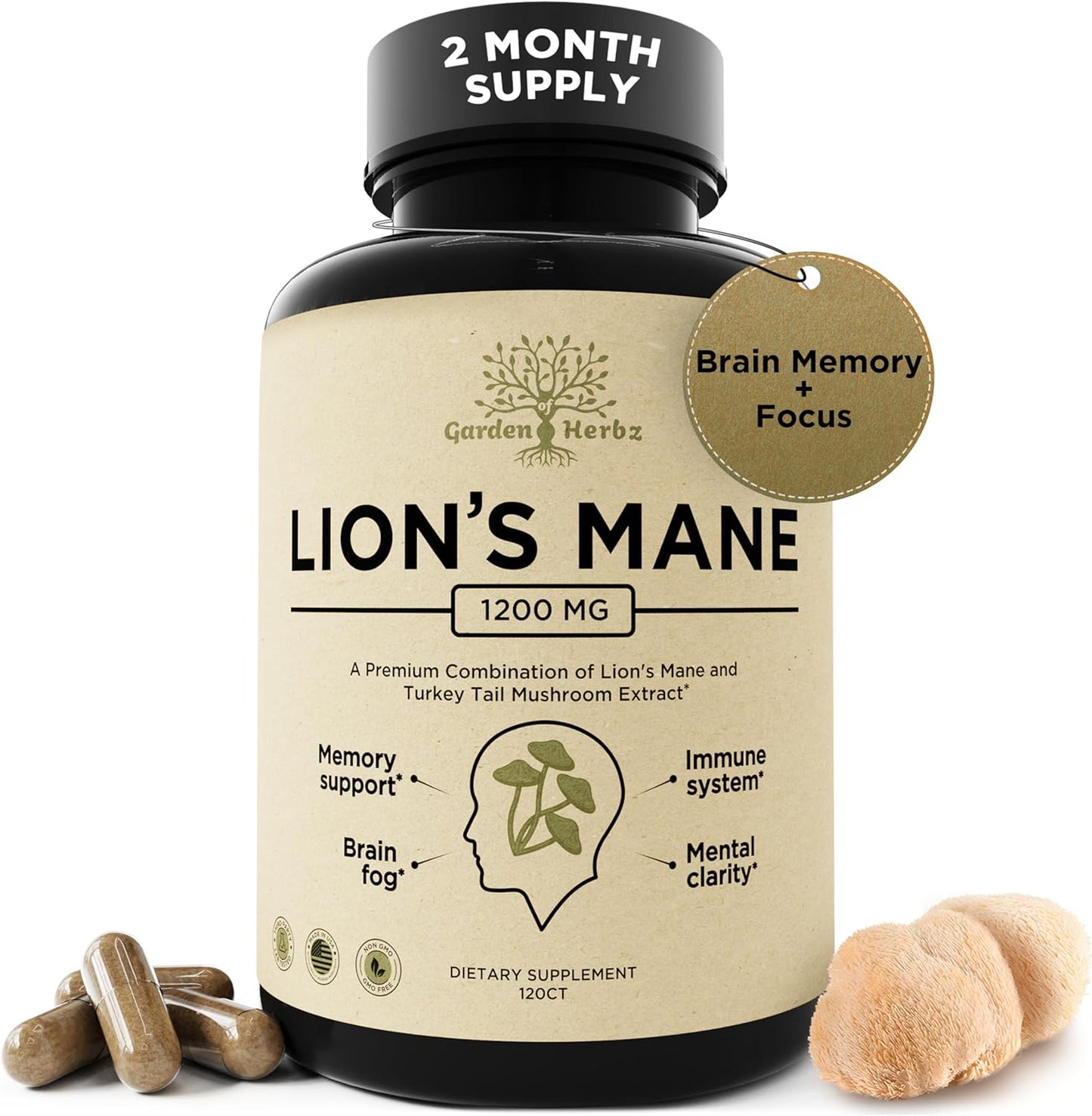 Garden of Herbz Lions Mane and Turkey Tail Mushroom Support front view bottle showing 120 capsules for brain health