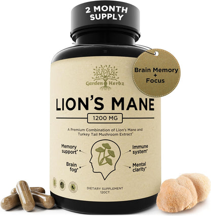 Garden of Herbz Lions Mane and Turkey Tail Mushroom Support front view bottle showing 120 capsules for brain health