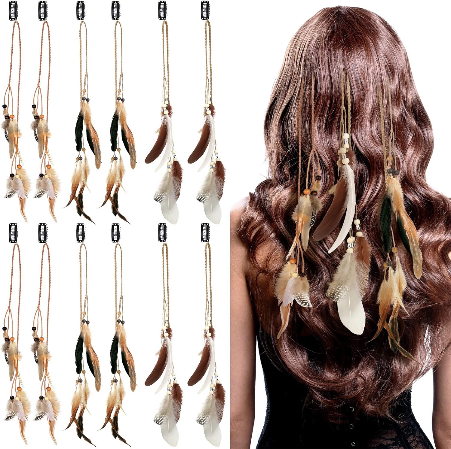 Geyoga boho feather hair extensions set front view