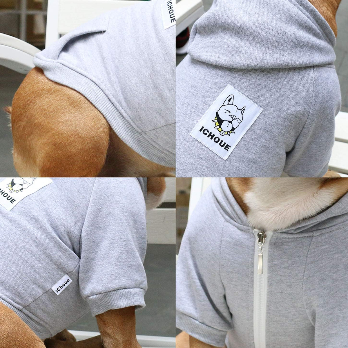 Grey extra large pet sweatshirt worn by an English Bulldog outdoors.