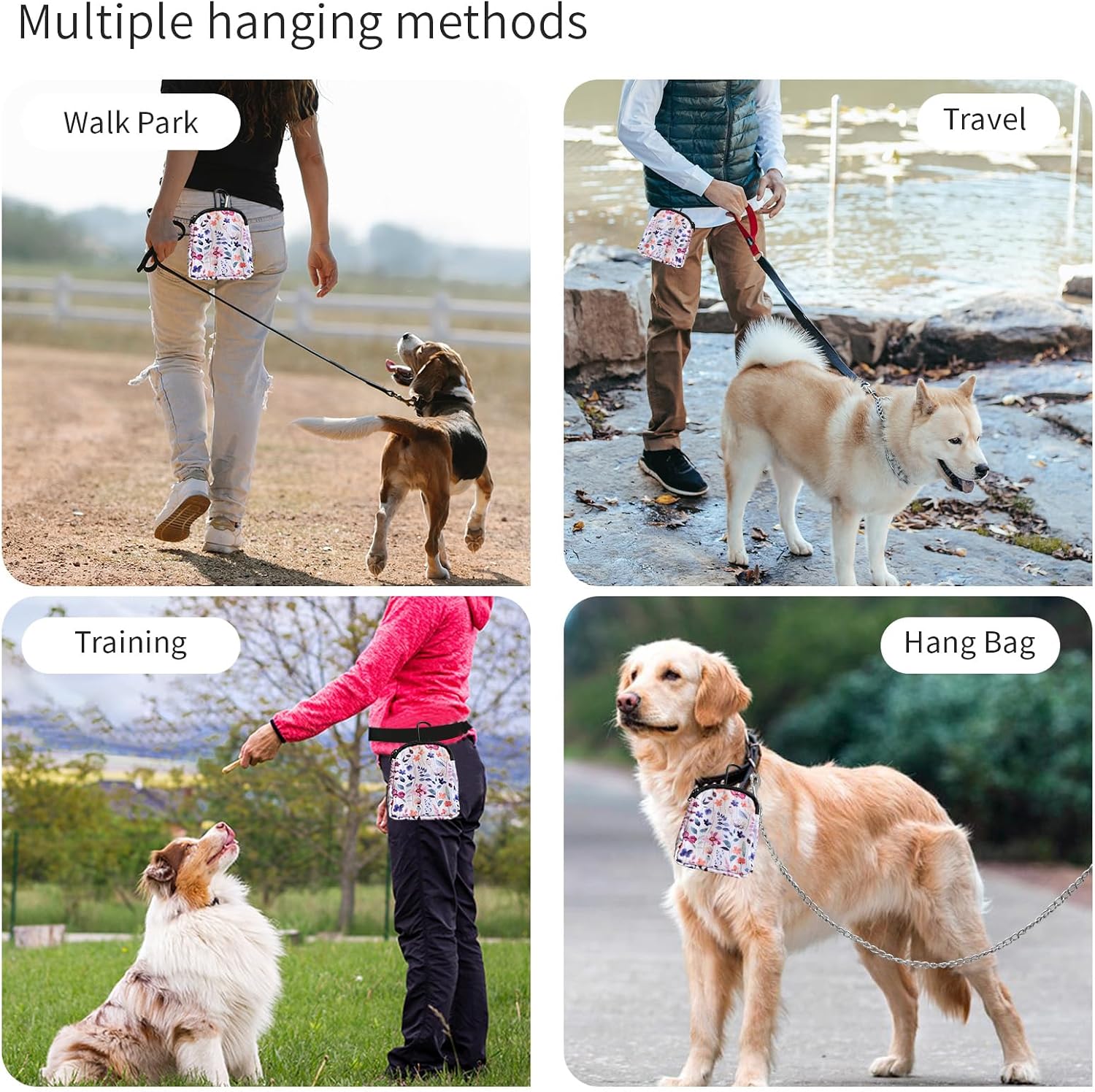 TIHGJHY portable pet snack bag highlighting its compact dimensions of approximately four inches.