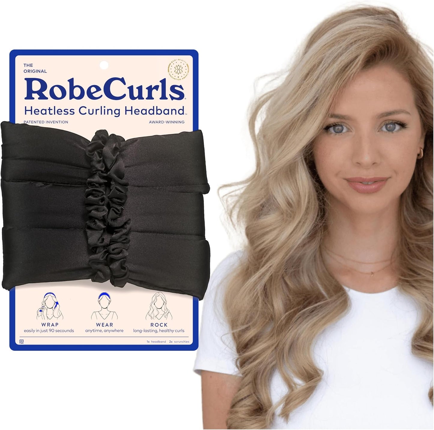 RobeCurls original heatless hair curler set in black satin front view showcasing the patented curling headband.