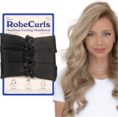 RobeCurls original heatless hair curler set in black satin front view showcasing the patented curling headband.