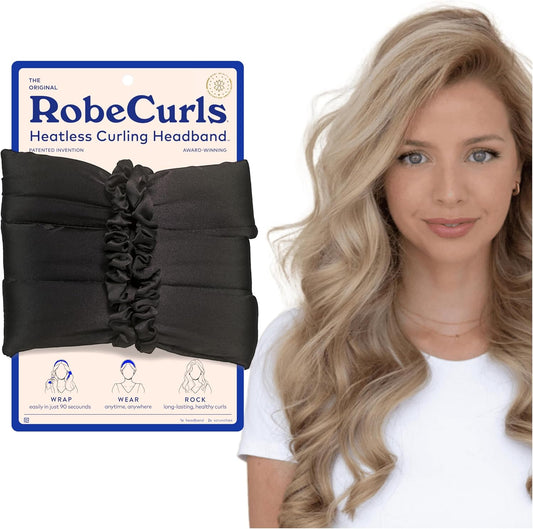 RobeCurls original heatless hair curler set in black satin front view showcasing the patented curling headband.