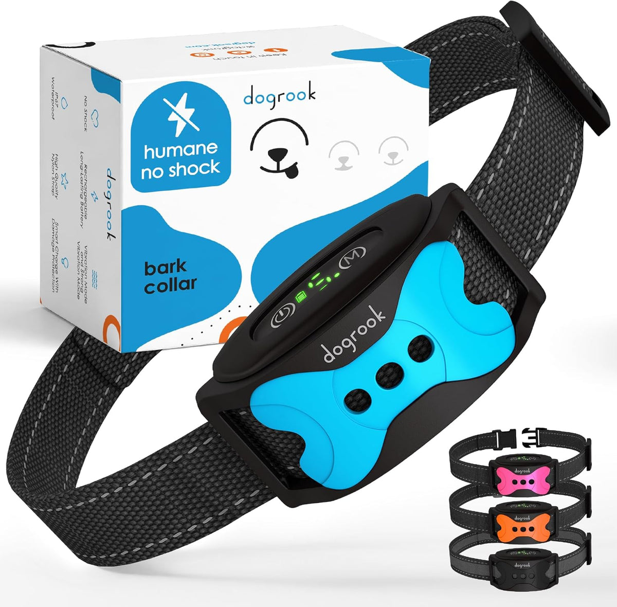 DogRook dog bark collar front view with blue module