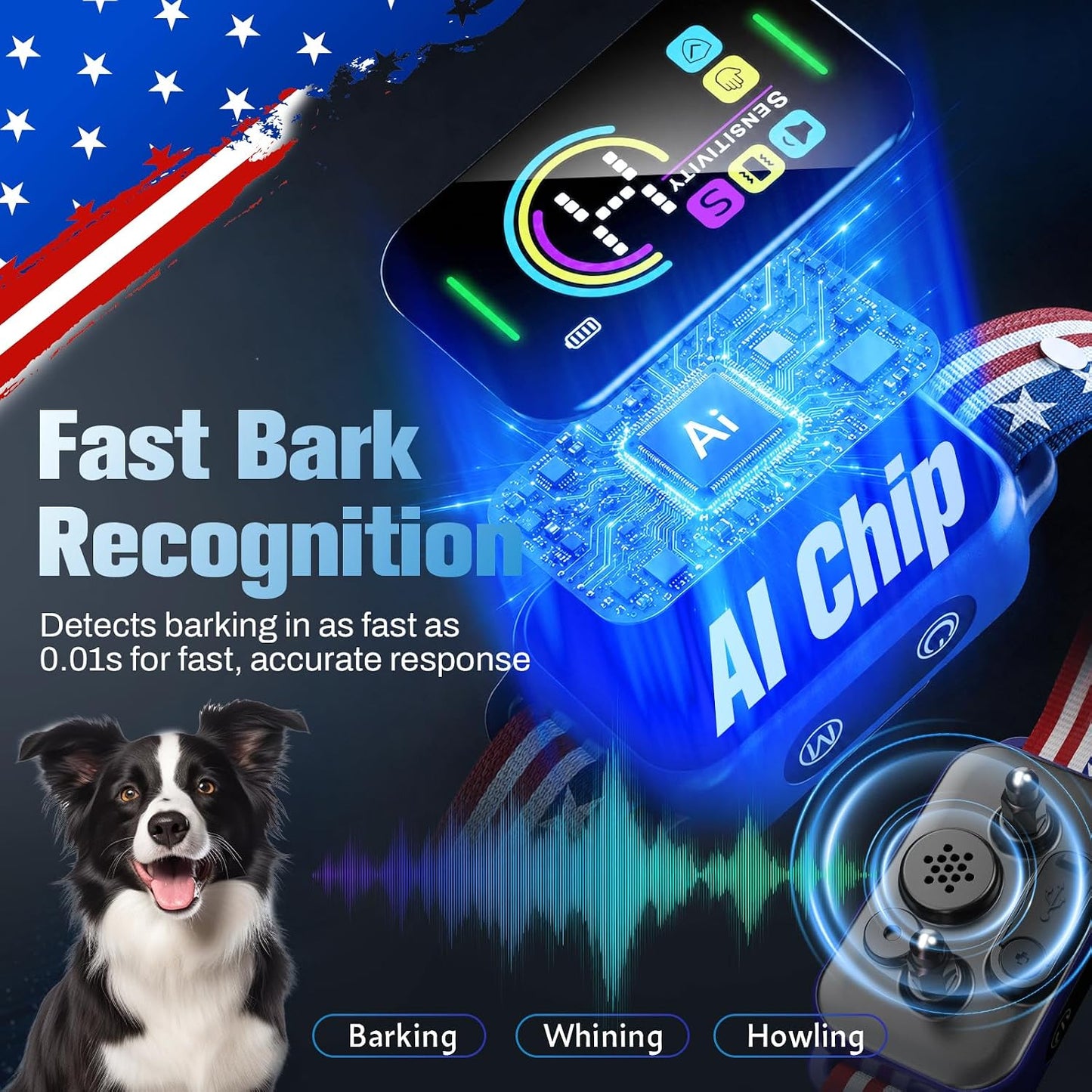 Bark Collar for Large Medium Small Dogs - Smart AI 1S Stop Barking, Anti Barking Device & Dog Training Collar with Beep, Vibration & 8-Level Sensitivity, IP67 Waterproof - Red White Blue - Image 3
