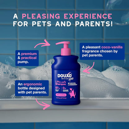 Side profile of Douxo Spa dog shampoo packaging