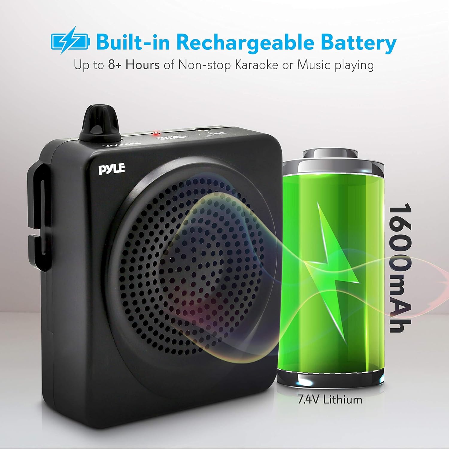 Side profile of Pyle 50 Watt mini PA system highlighting the rotary volume control knob