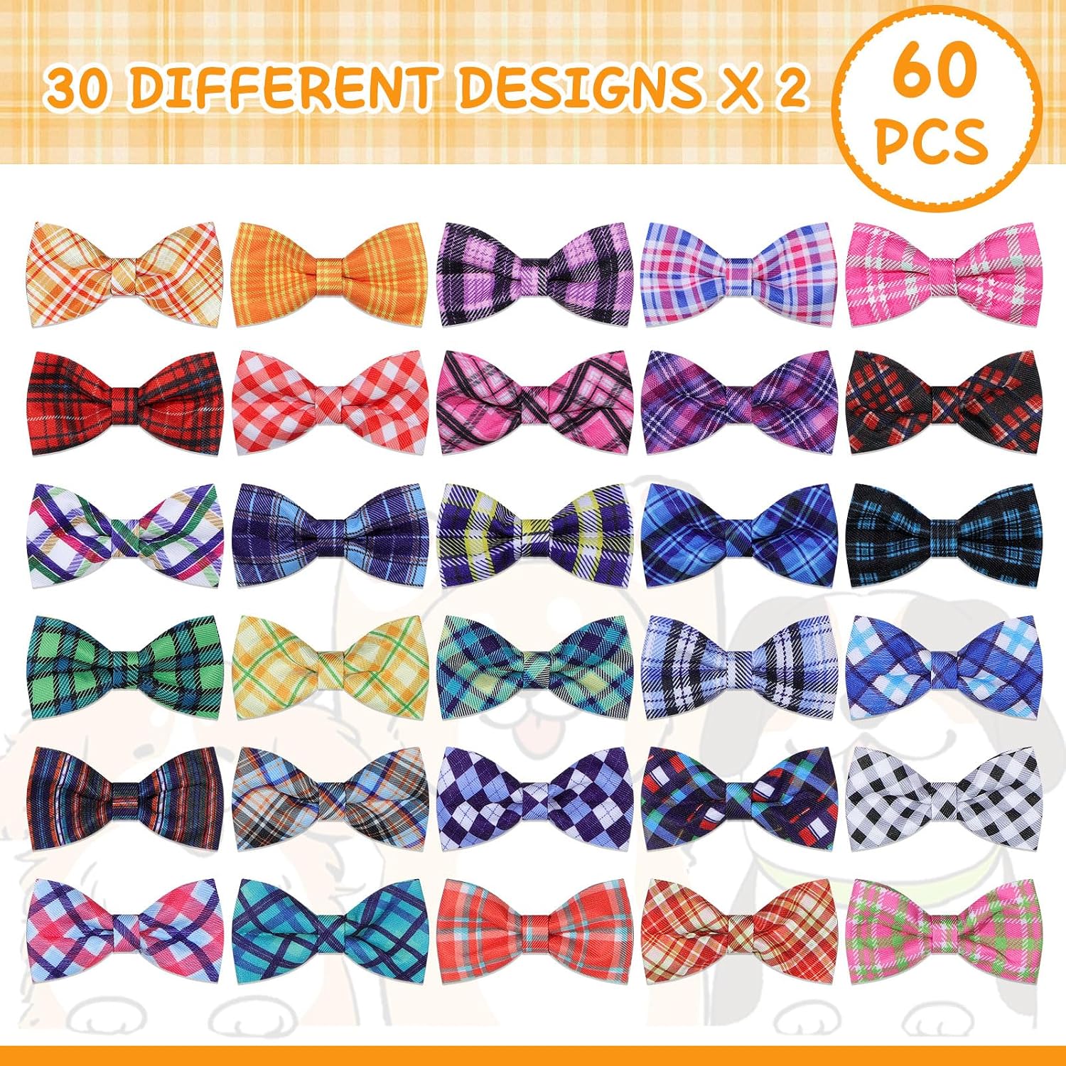 Sixty pieces of checkered puppy bow ties displayed in multiple styles
