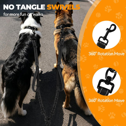 Premium double dog leash highlighting the reflective safety stitching details
