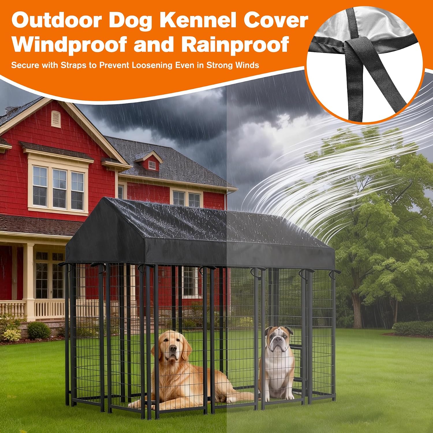 Bhyhok four by eight feet dog kennel cover protecting a pet from outdoor elements.
