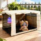 HiCaptain Dog Crate Cover beige front view on a standard wire pet cage