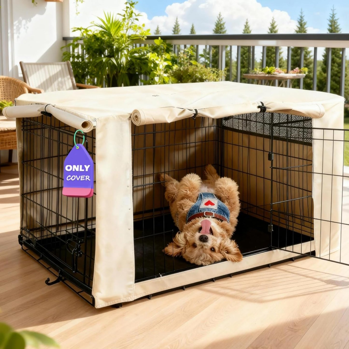 HiCaptain Dog Crate Cover beige front view on a standard wire pet cage