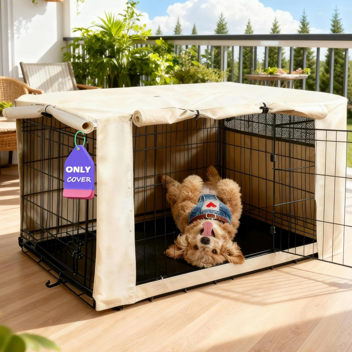 HiCaptain Dog Crate Cover beige front view on a standard wire pet cage